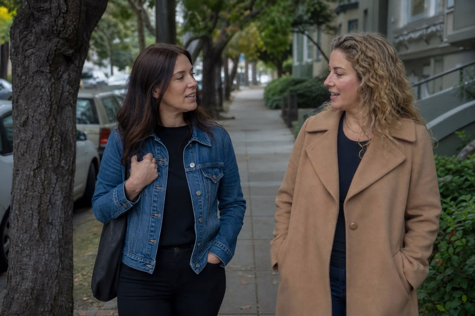 Two partners walk and talk together on a tree-lined city sidewalk after a session