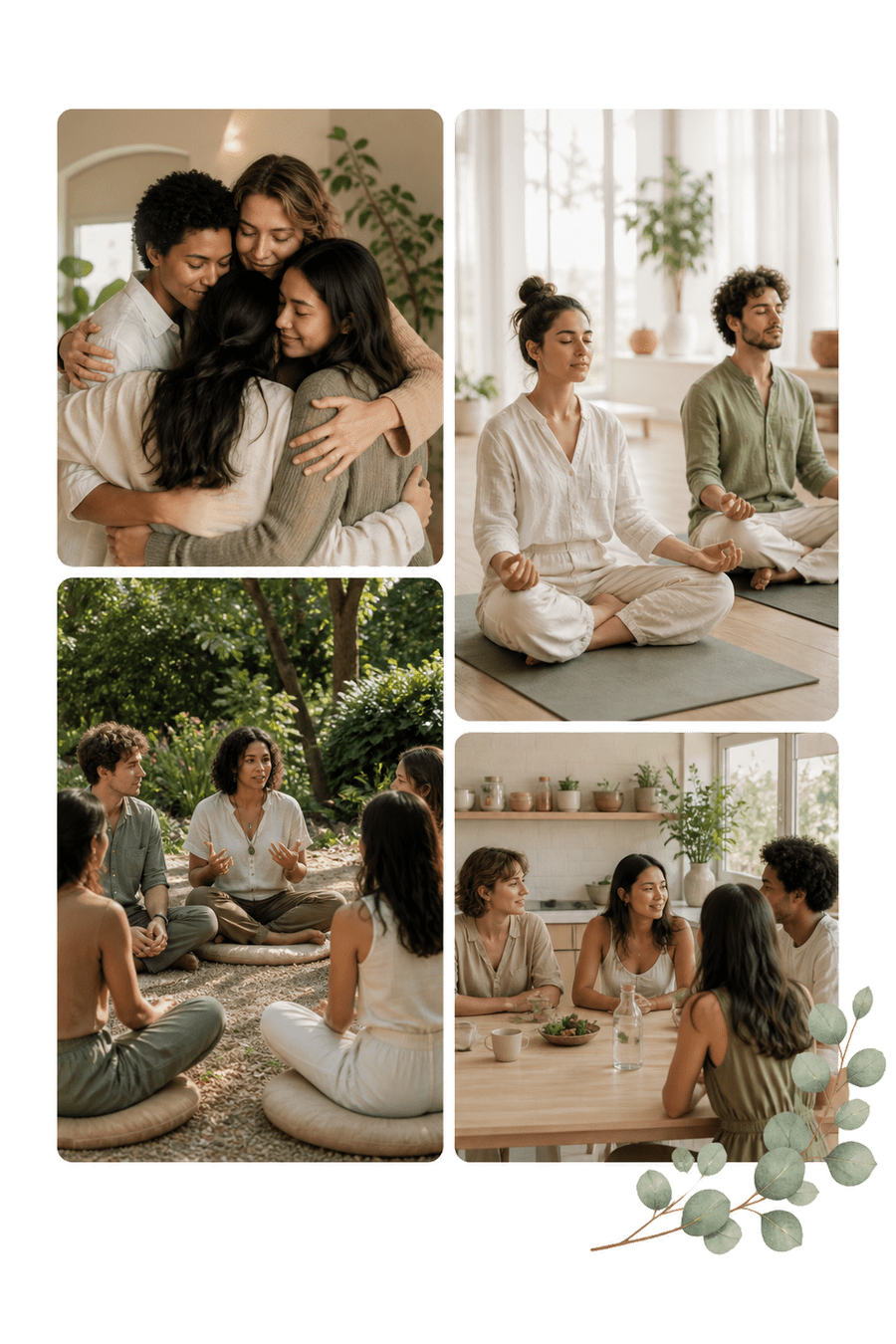 Collage of young adults at a customized meditation retreat—group connection, seated practice, outdoor mindfulness, and warm shared moments.