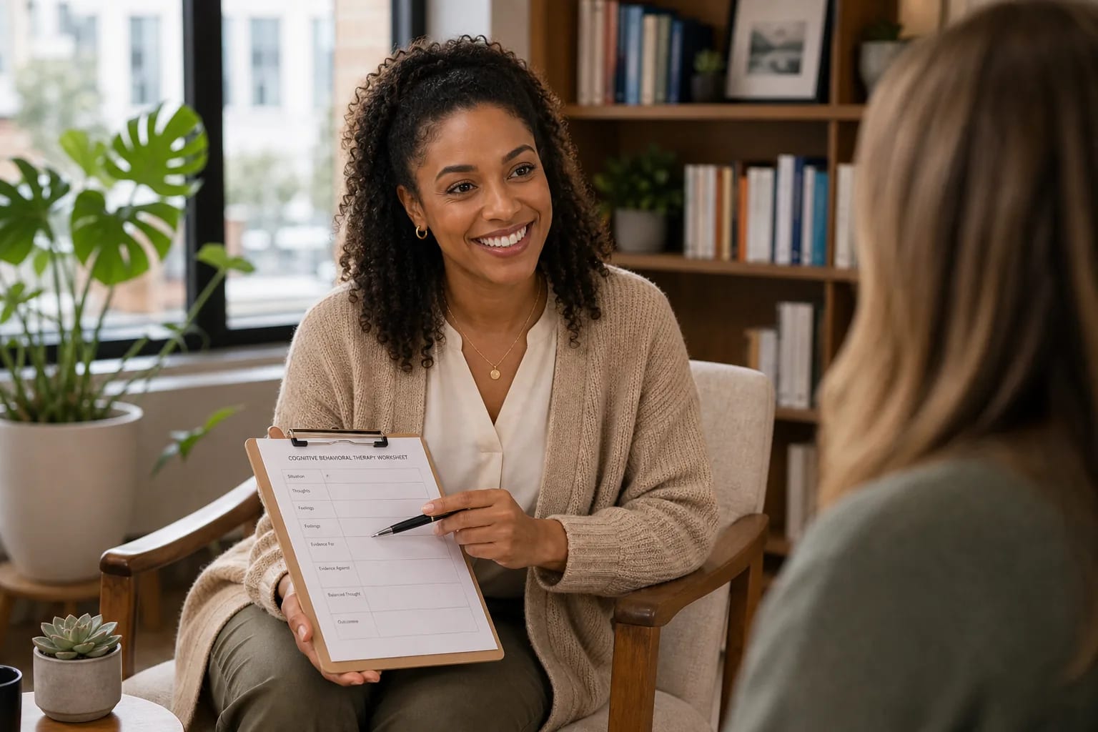Therapist reviewing a worksheet with a client during an evidence-based session