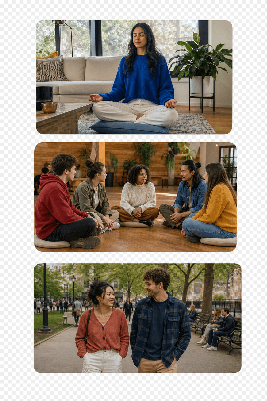 Young adults practicing sunrise meditation, seated group mindfulness, and a mindful forest walk at a customized meditation retreat.
