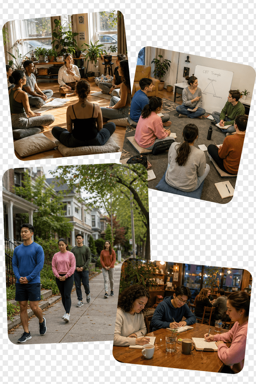 Therapist-led meditation retreat collage showing breathwork, CBT workshops, walking meditation, and evening journaling.