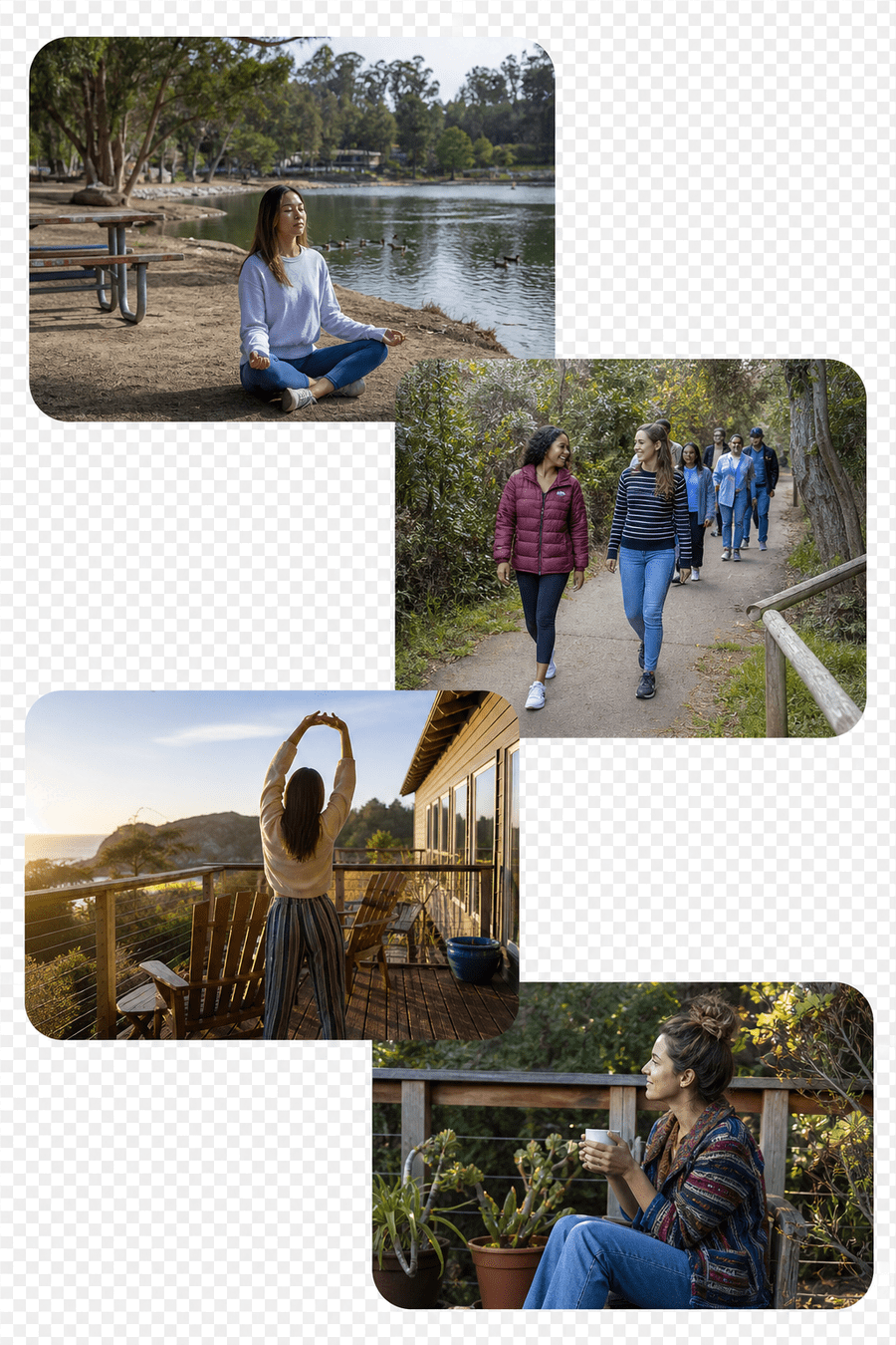 Nature immersion meditation collage with lakeside practice, forest walking meditation, sunrise stretches, and quiet outdoor reflection.