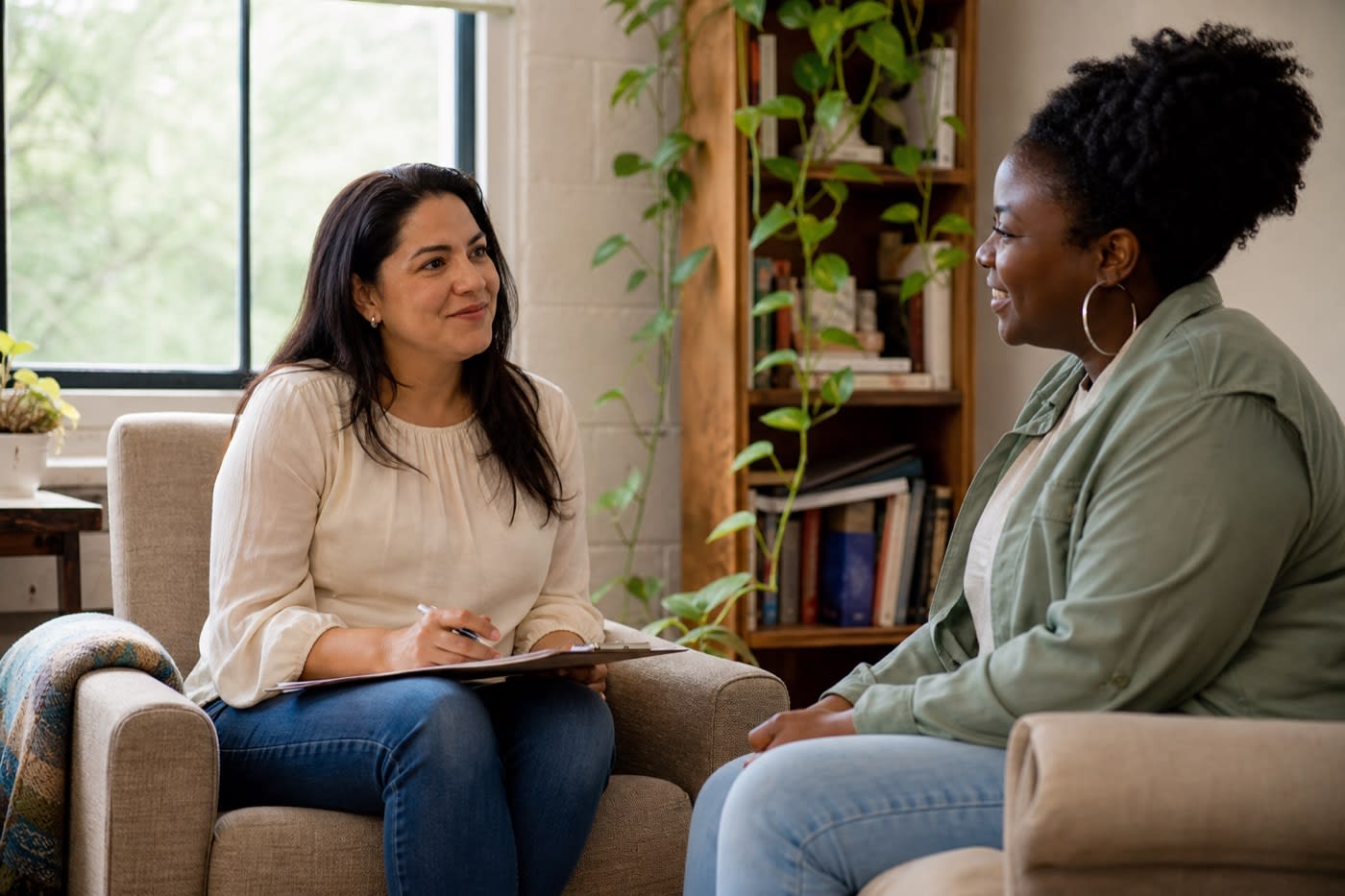 Uplifting EMDR therapy session in San Francisco with a warm trauma-informed therapist and hopeful client