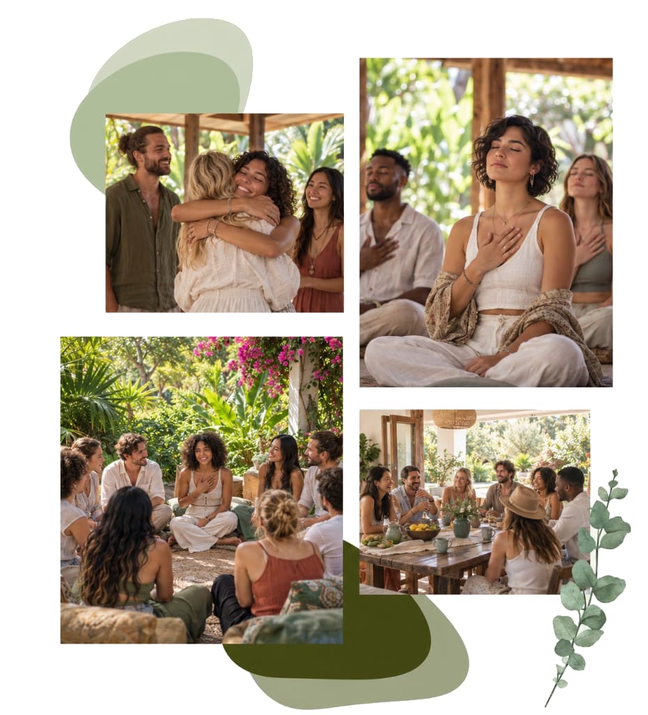 Collage of a mental health retreat: friends hugging on a porch, meditation with a hand over the heart, a garden sharing circle, and a communal outdoor meal.