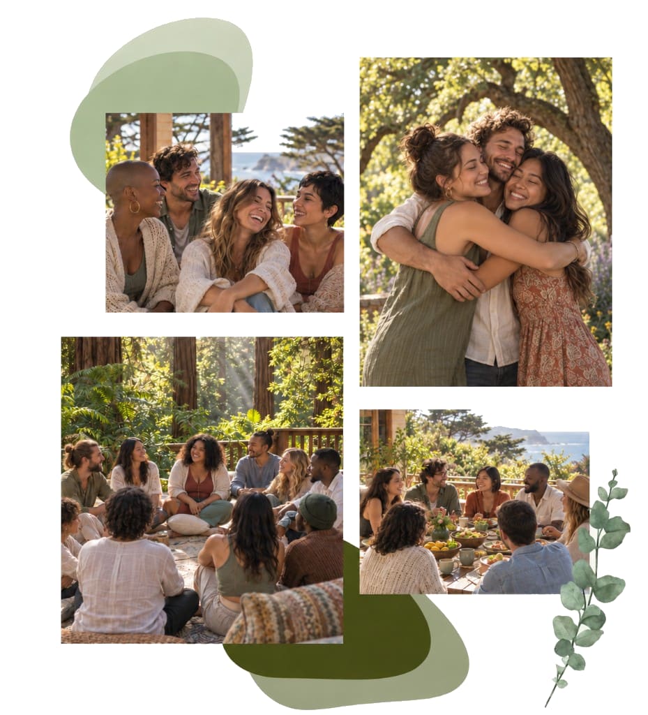 Collage of a mental health retreat: friends on a coastal deck, a group hug in the sun, a redwood sharing circle, and a communal meal overlooking the ocean.