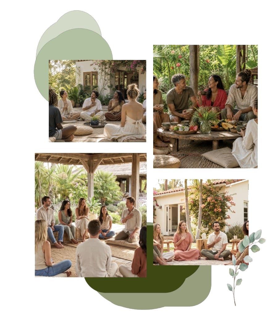 Collage of a mental health retreat: a courtyard sharing circle, friends at a tropical table, a pavilion group session, and meditation beside bougainvillea.