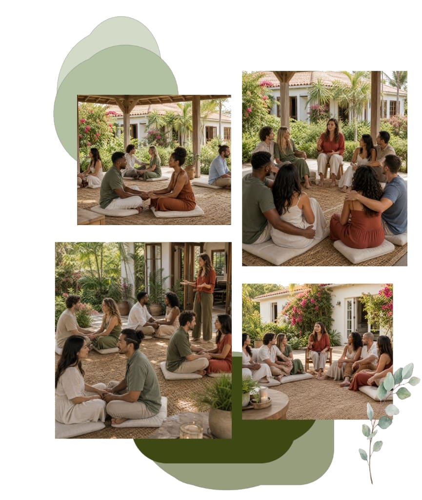 Collage of a couples therapy retreat: partners holding hands on cushions, a facilitated sharing circle, outdoor pair sessions, and a group gathering beside flowering vines.