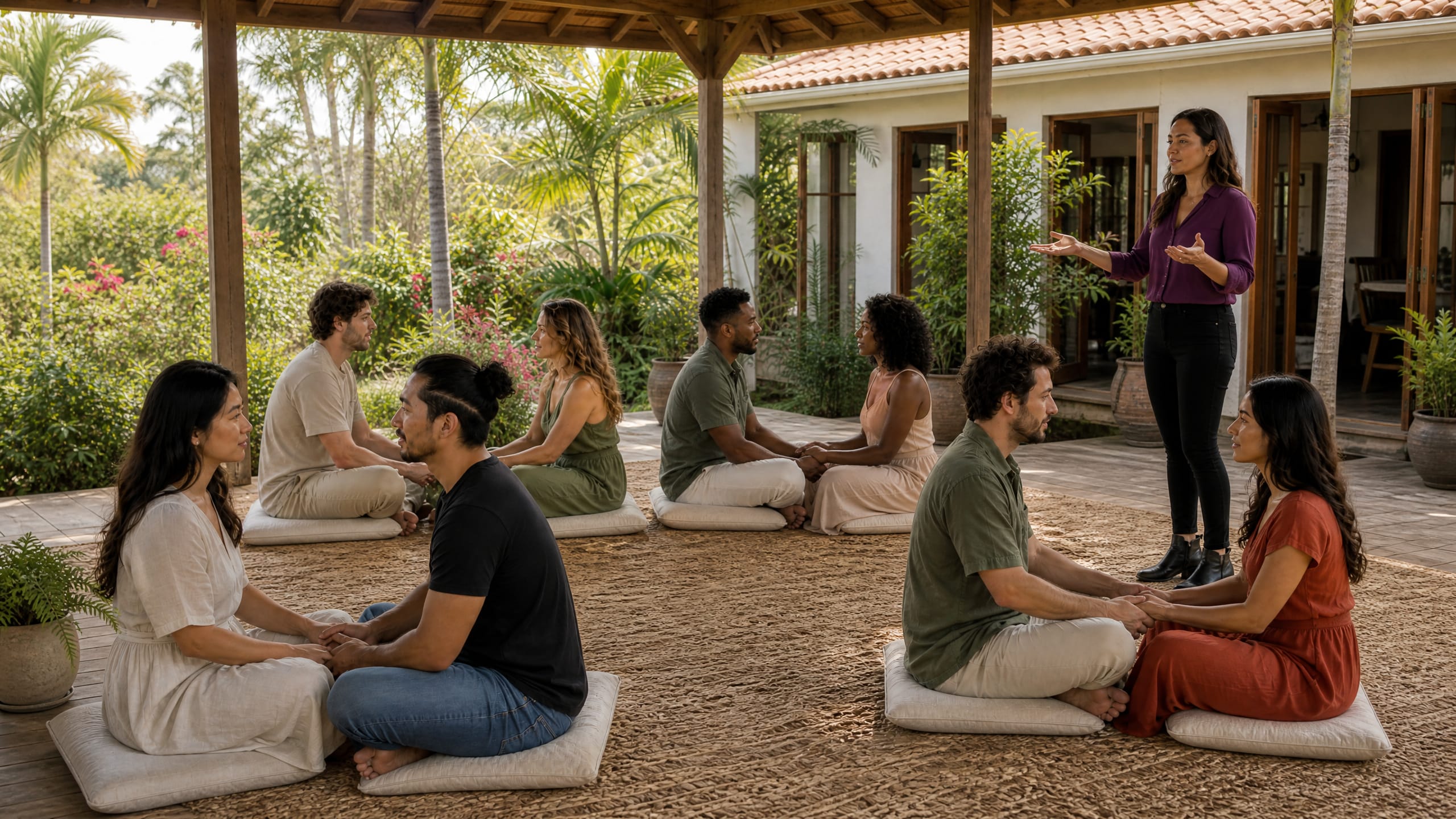 Four couples sit face to face on floor cushions in an open-air pavilion, holding hands and practicing guided eye contact during a customized marriage retreat.