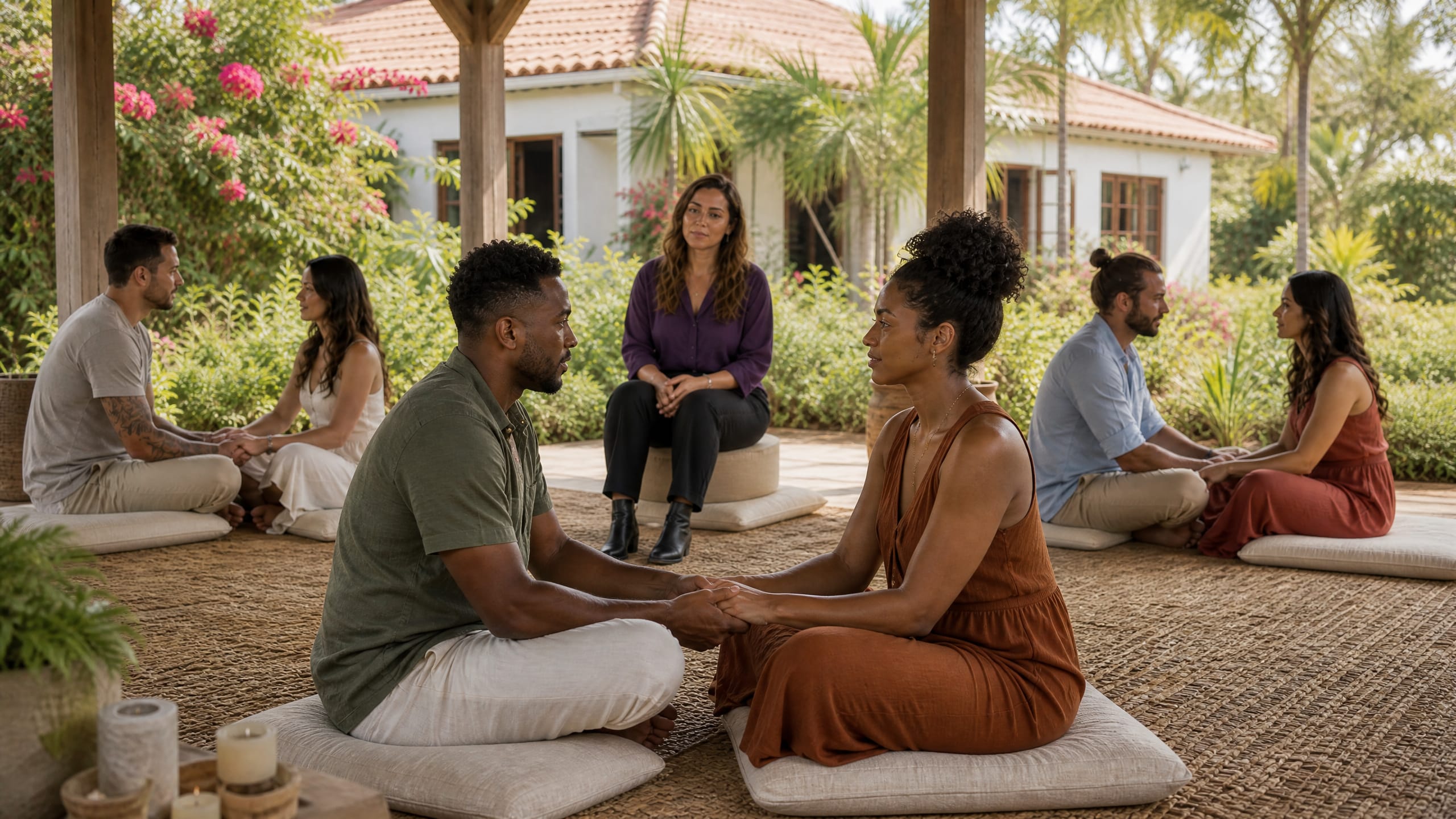 Partners sit across from each other on cushions, holding both hands and working through a repair conversation while a therapist observes at a marriage retreat.