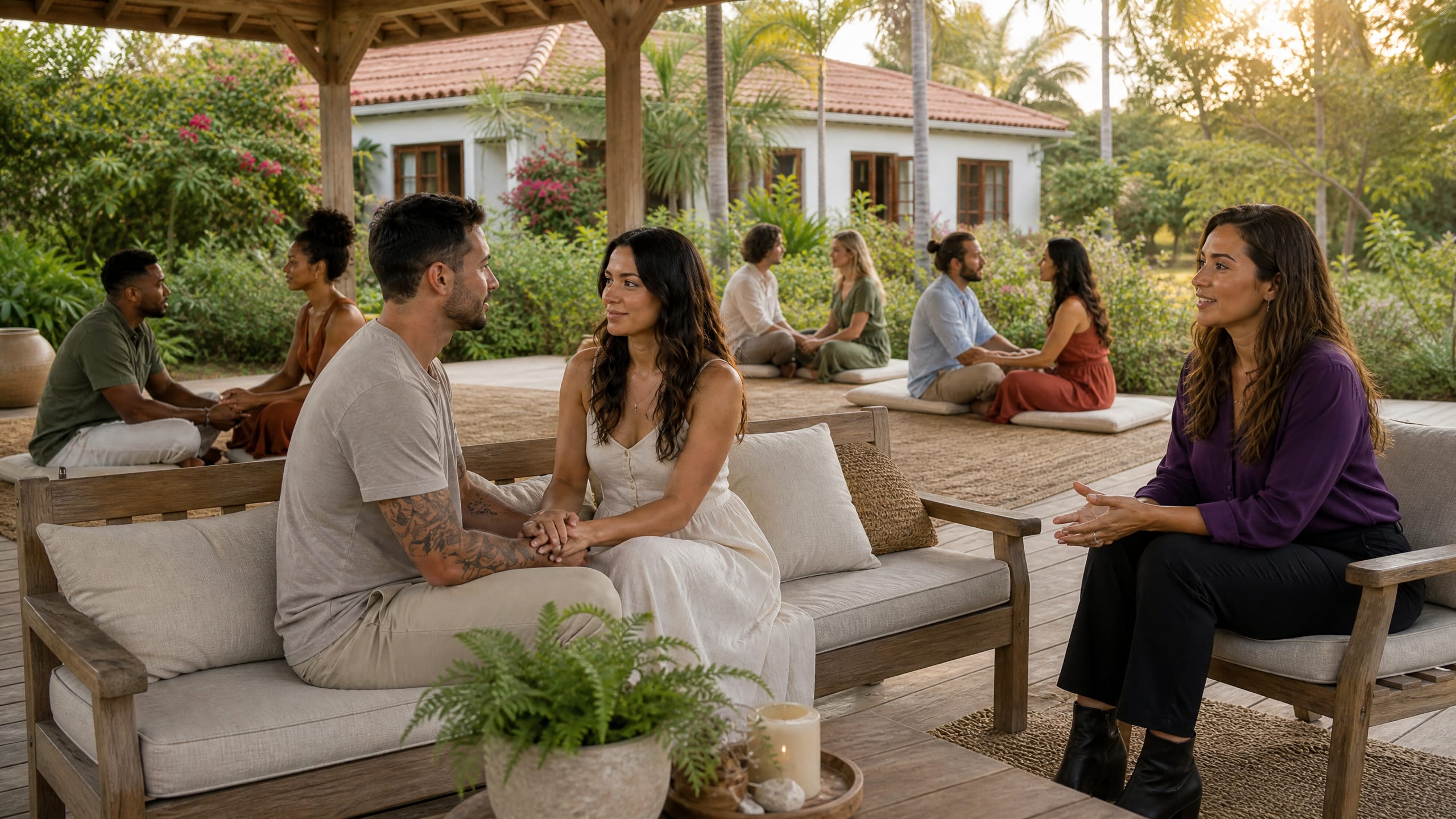 A couple holds hands on an outdoor sofa during a private breakthrough session with a therapist, while other pairs work nearby at a marriage retreat villa.