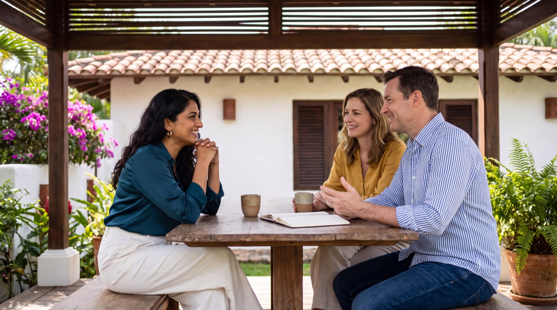 A couple planning their marriage retreat, discussing their goals and expectations.