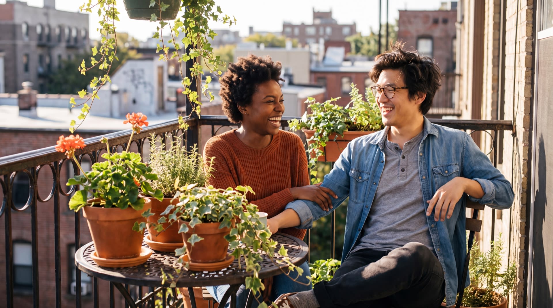A couple laughing together on a sunlit city balcony, relaxed and securely connected.