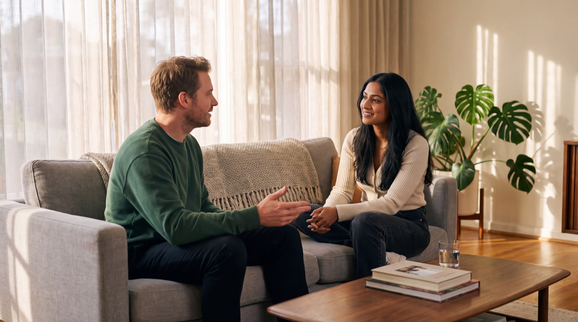 A couple sitting together on a sofa in an attentive, connected conversation about their relationship.