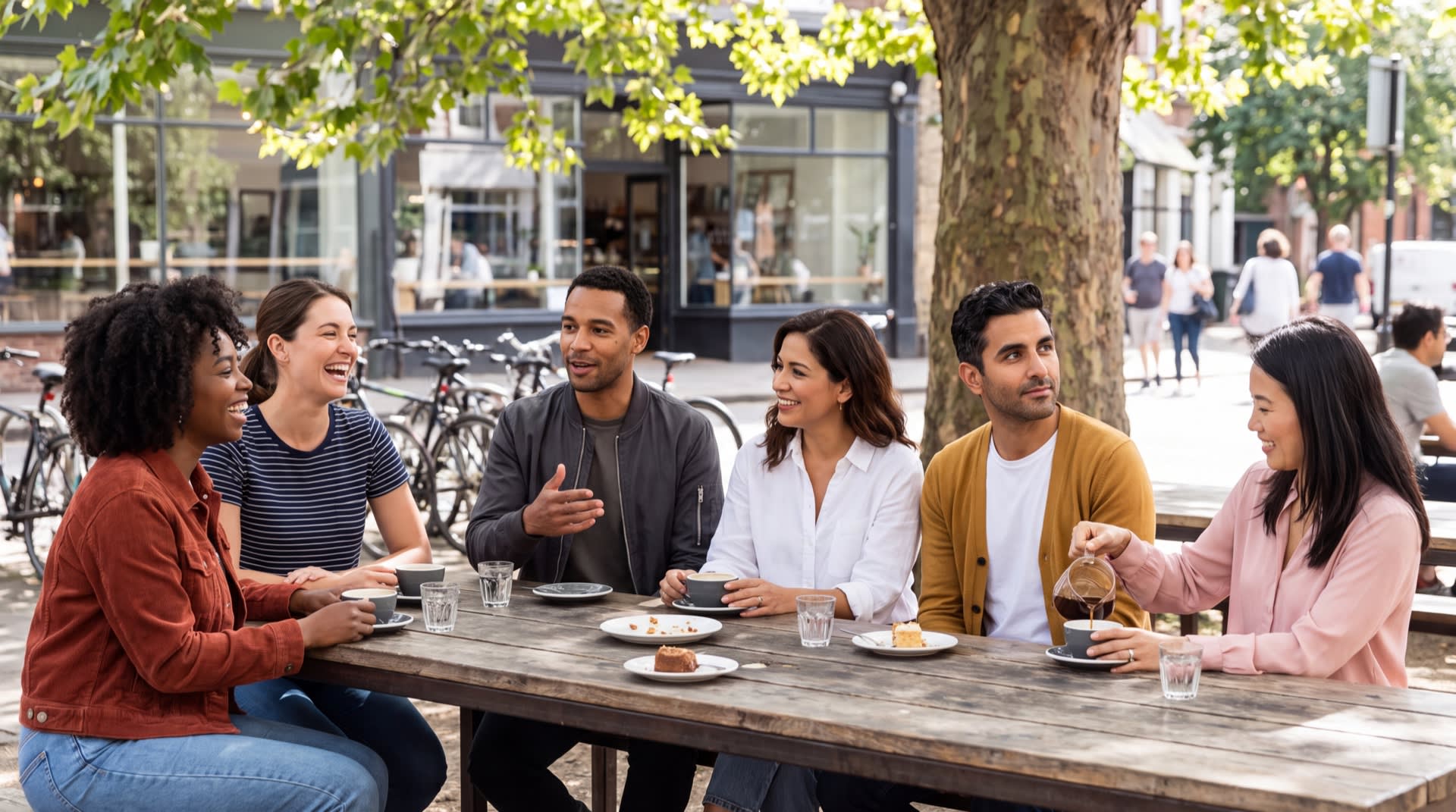 A diverse group of friends talking around an outdoor cafe table, showing different styles of relating.