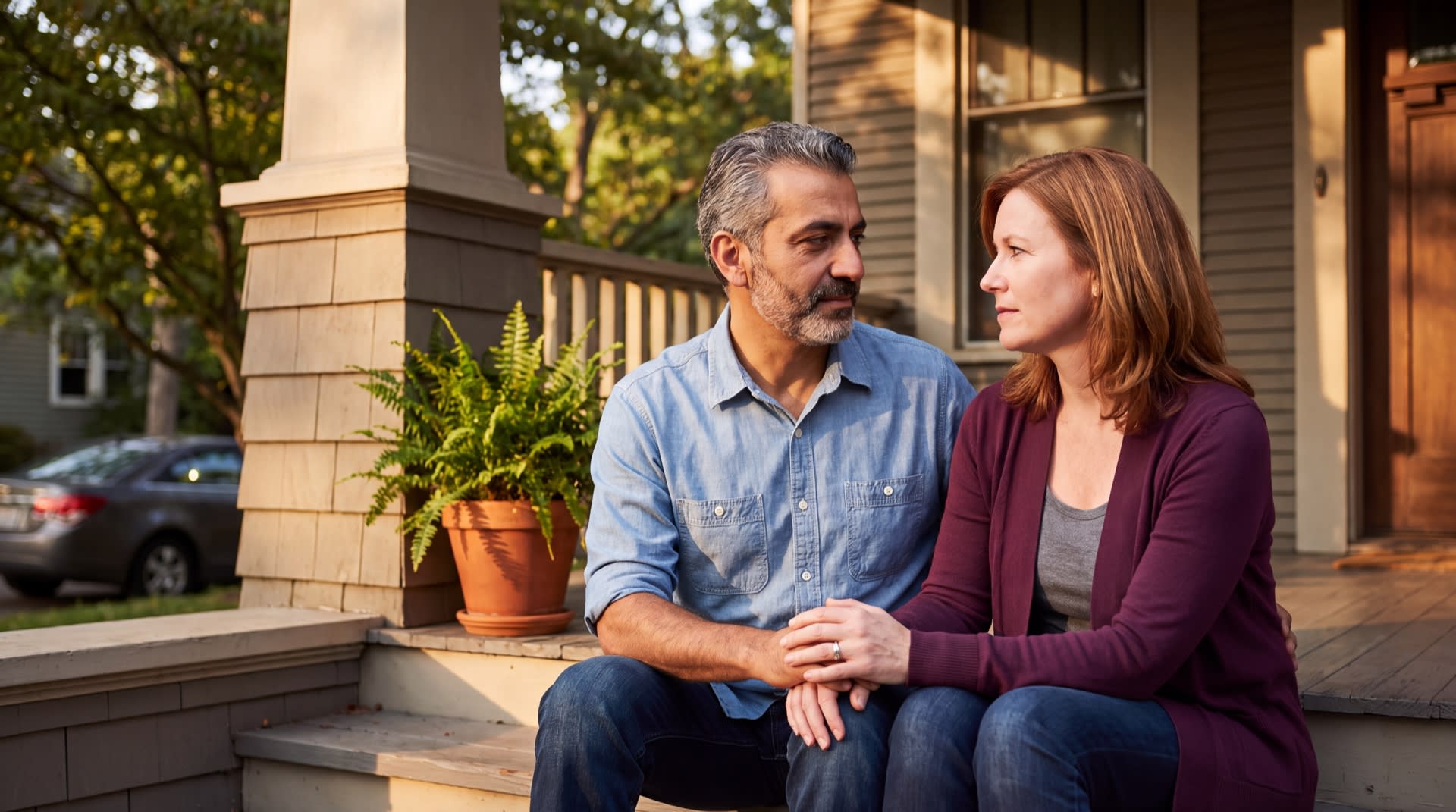 A married couple sitting on their front steps at golden hour, working through a difficult conversation together.