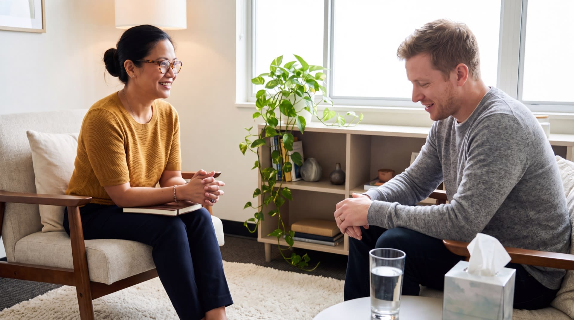 A therapist and client in a bright, plant-filled office during an engaged and hopeful therapy session.