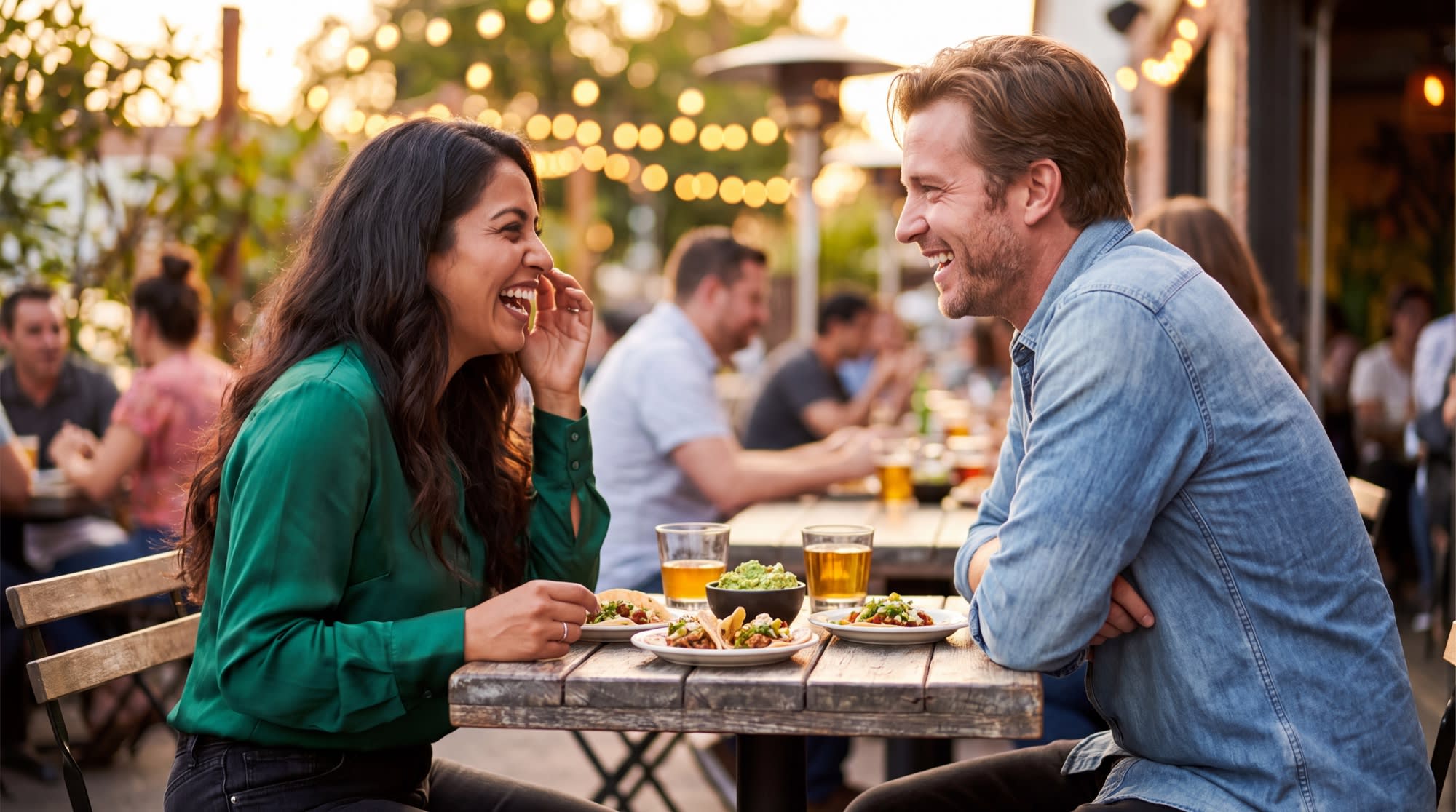 A couple laughing together over dinner on a restaurant patio during the high-effort early phase of dating.