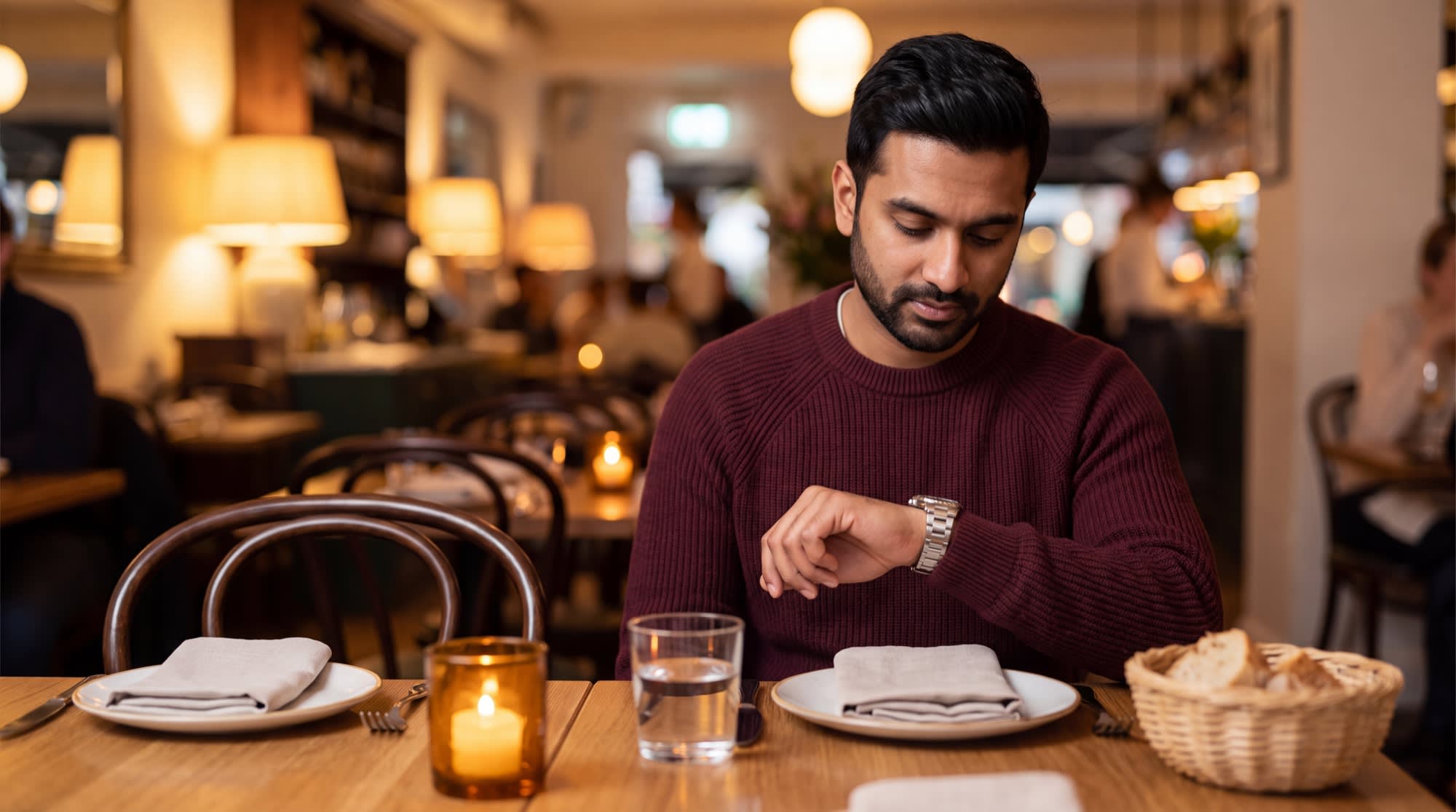 A man sitting alone at a restaurant table set for two, checking his watch as the second place setting stays empty.