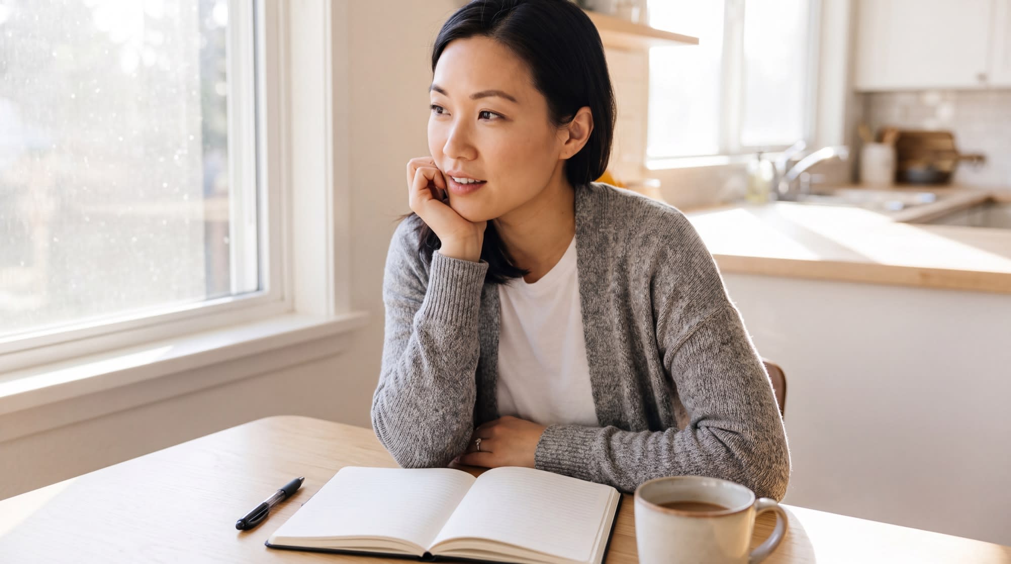 A woman journaling at her kitchen table in morning light, thinking carefully about a relationship pattern.