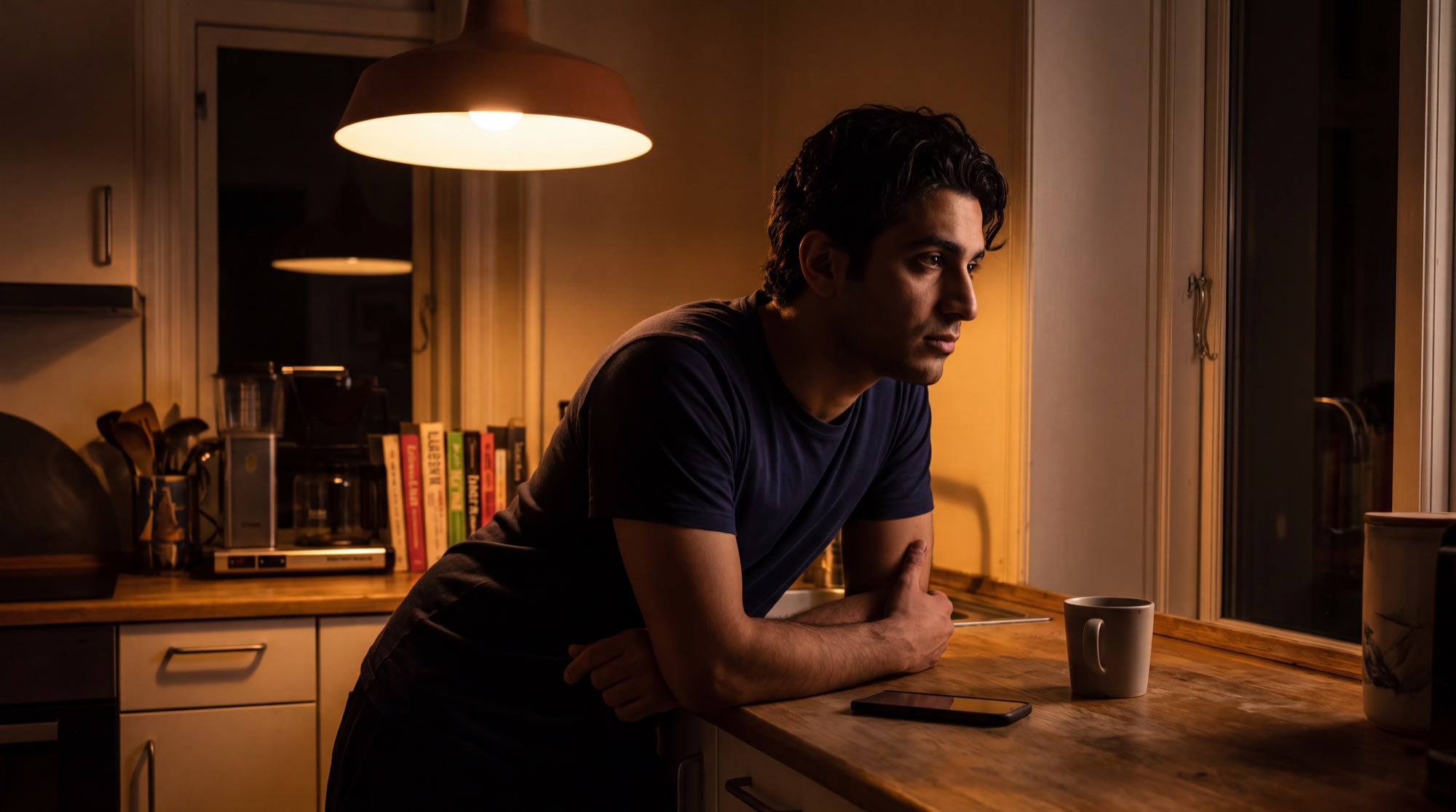 A man standing alone in a dim kitchen at night with his phone face down, looking conflicted about a relationship.