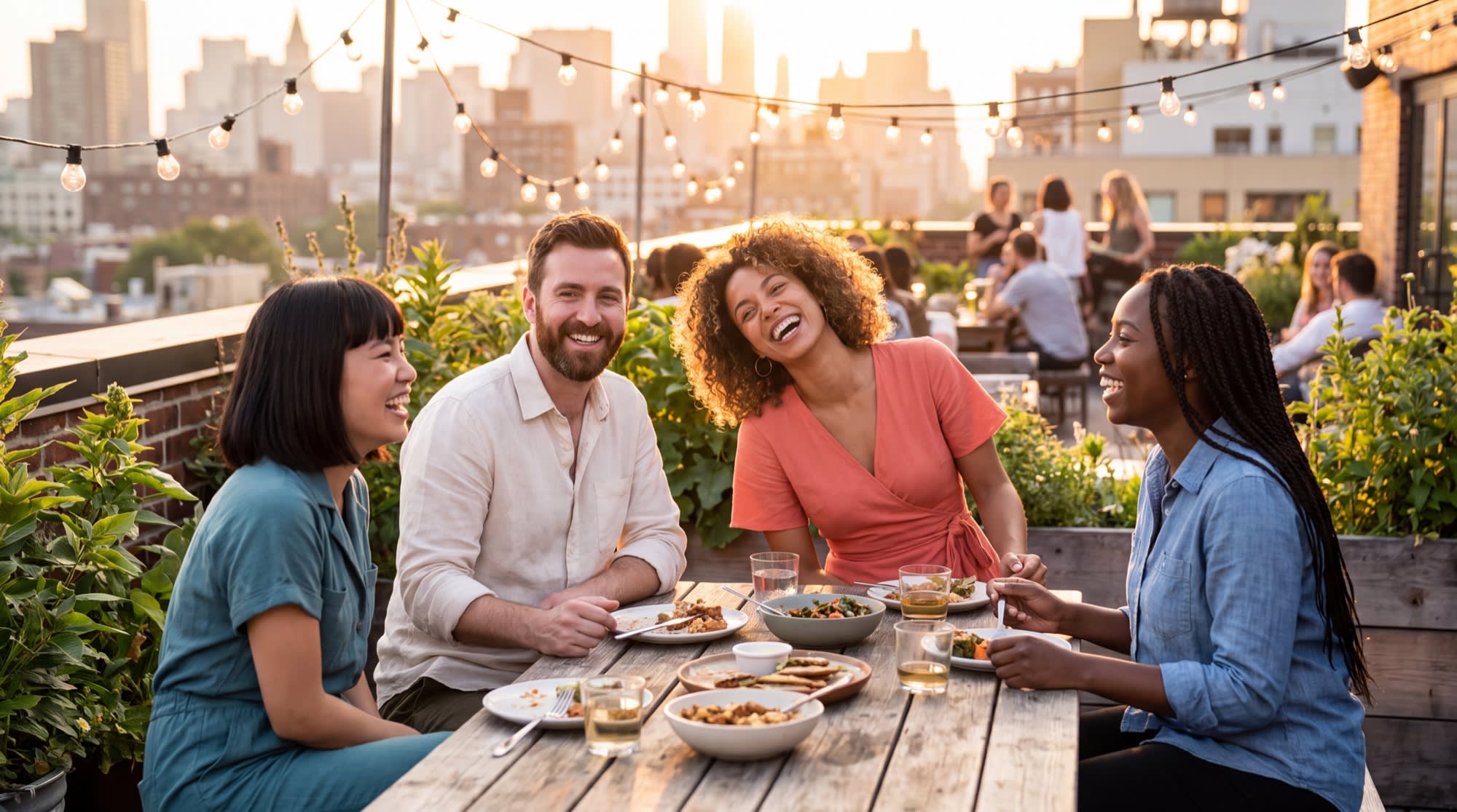 Four friends laughing together over a shared meal on a rooftop at sunset, reconnecting after a difficult relationship.