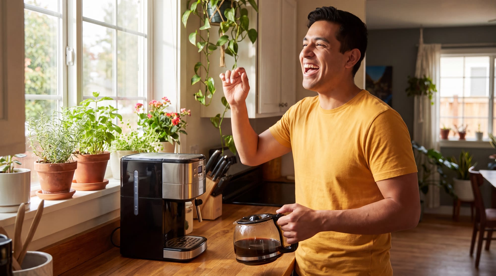 A man singing along to music with a wide grin while making coffee in a sunny kitchen.
