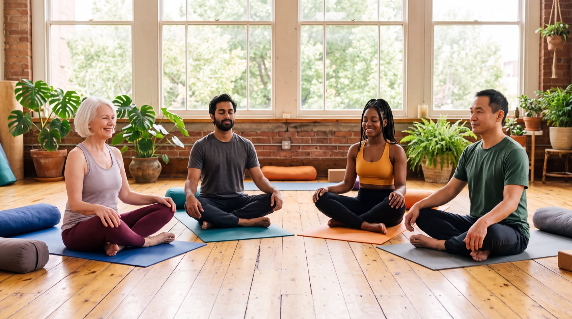 Four adults of different ages sitting cross-legged on mats during a gentle breathwork class in a bright studio.