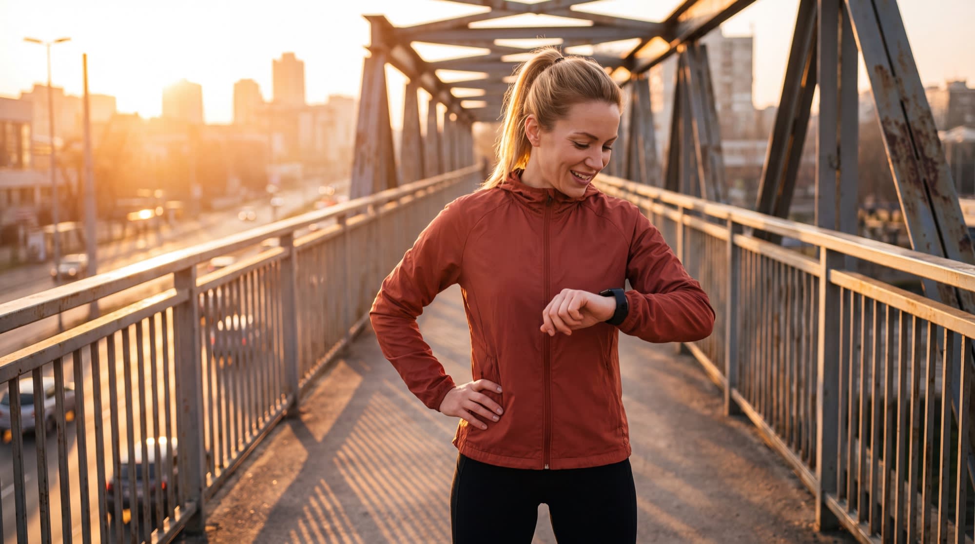 A runner pausing on a bridge at sunrise to check her smartwatch after a jog, smiling and catching her breath.