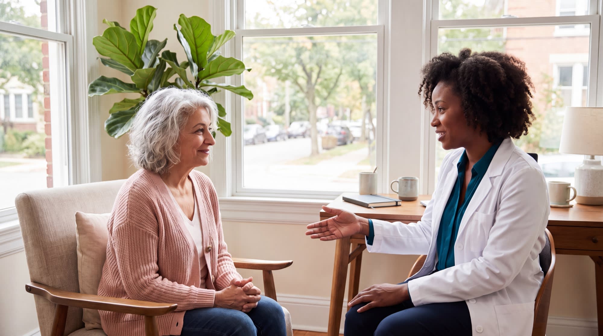 An older woman in a consultation talking with her doctor in a bright, welcoming office.
