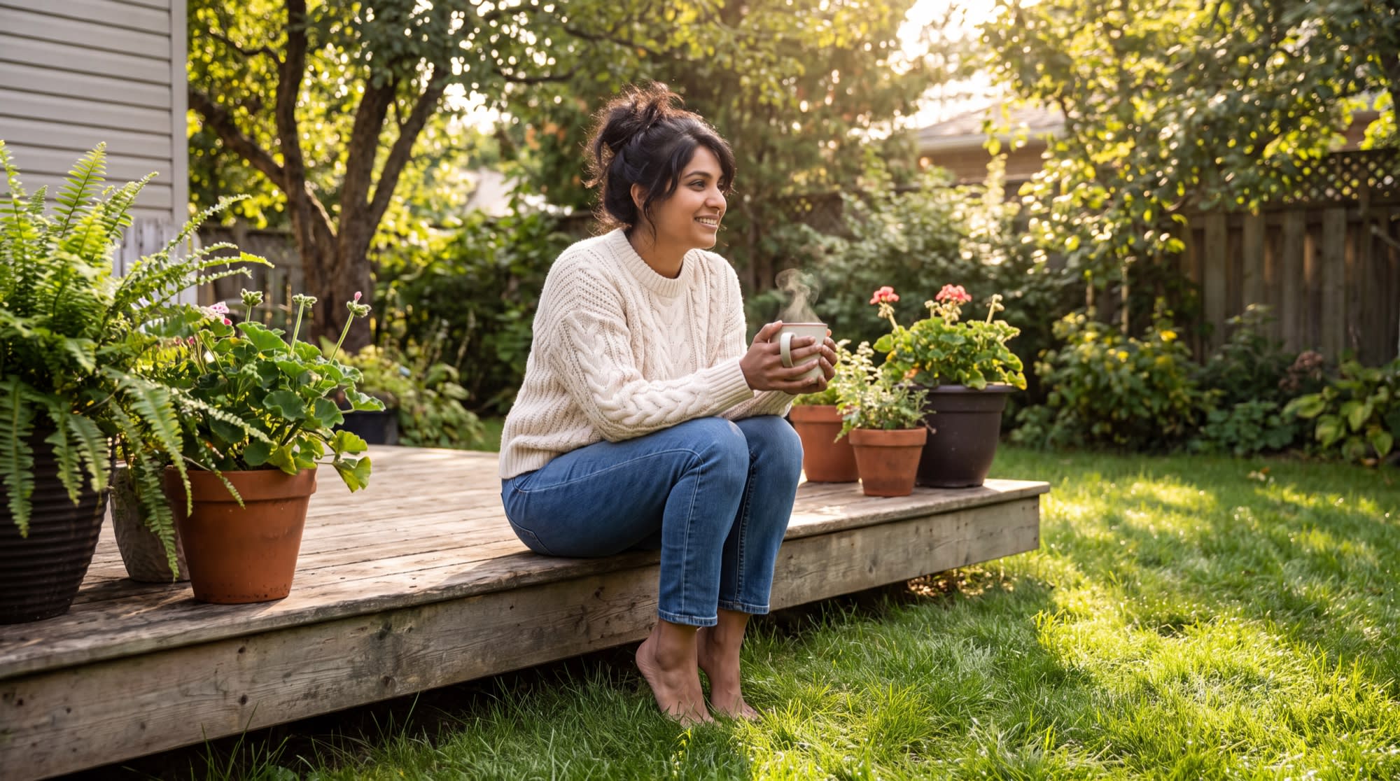 A woman sitting on the edge of a wooden deck with her bare feet resting in the grass, holding a mug in the morning sun.