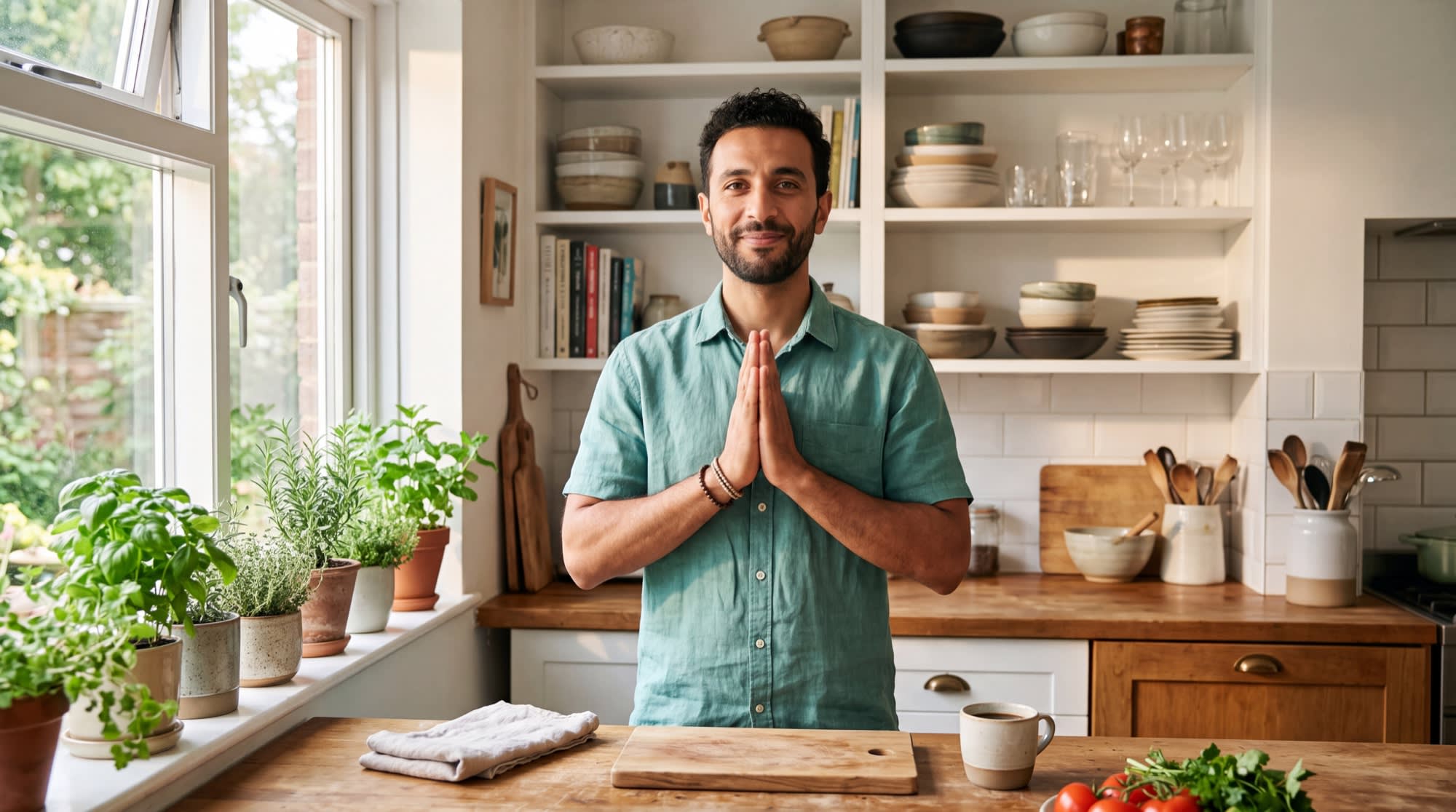 A man standing in a sunny kitchen pressing his palms together at chest height while taking a steadying breath.