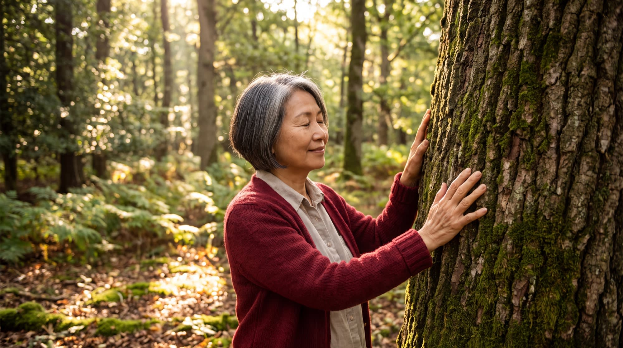 A woman standing in a sunlit forest with both palms resting against a mossy tree trunk, eyes closed.
