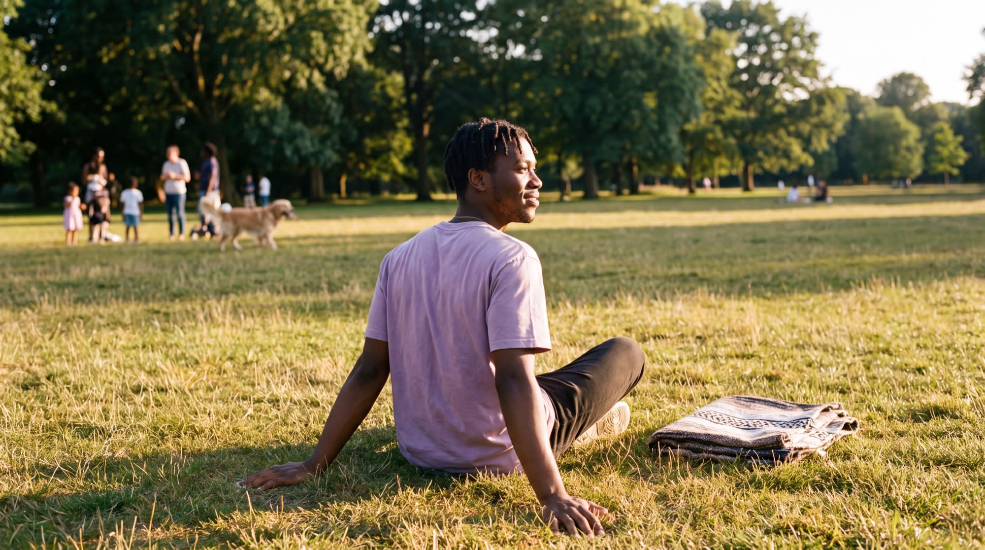 A man sitting cross-legged on the grass in a park at golden hour with his palms resting on the ground.