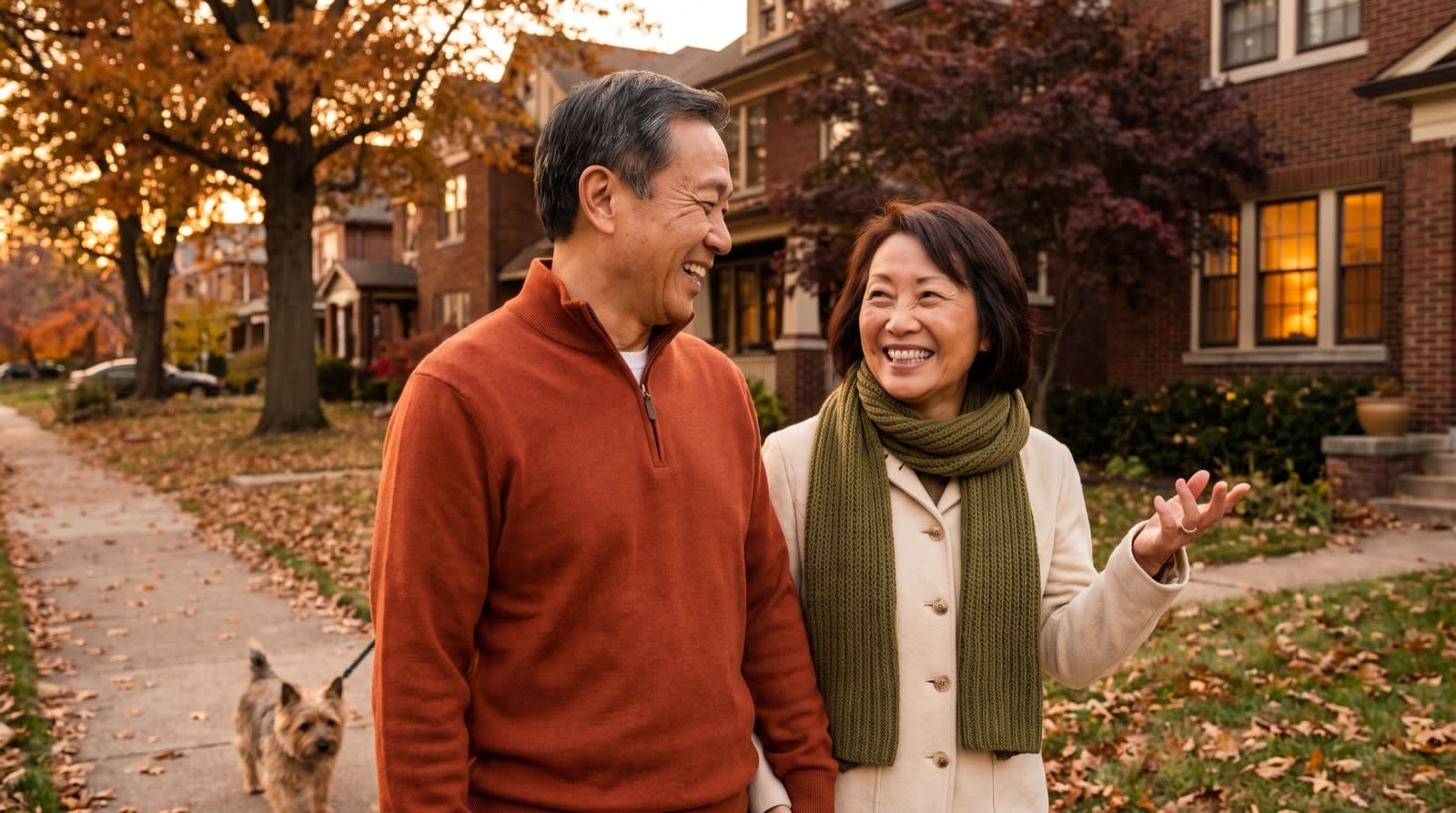 A couple in their sixties laughing together while walking their terrier down a leafy autumn street.