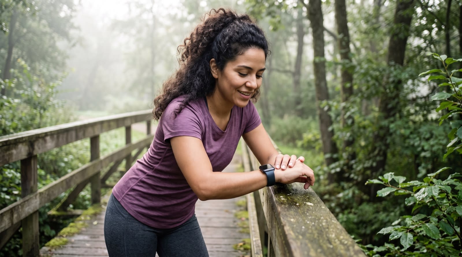 A woman pausing on a footbridge after a run to check her smartwatch and catch her breath.