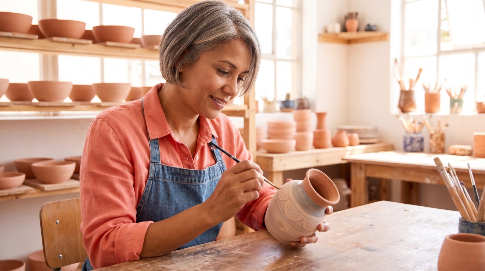 A woman painting fine detail onto a ceramic vase with a steady hand in a sunlit pottery studio.