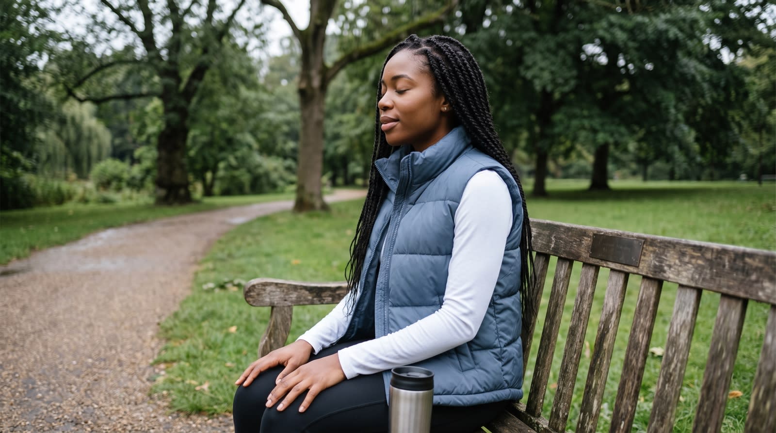A woman resting on a park bench with a thermos, eyes closed, taking a slow breath after a walk.