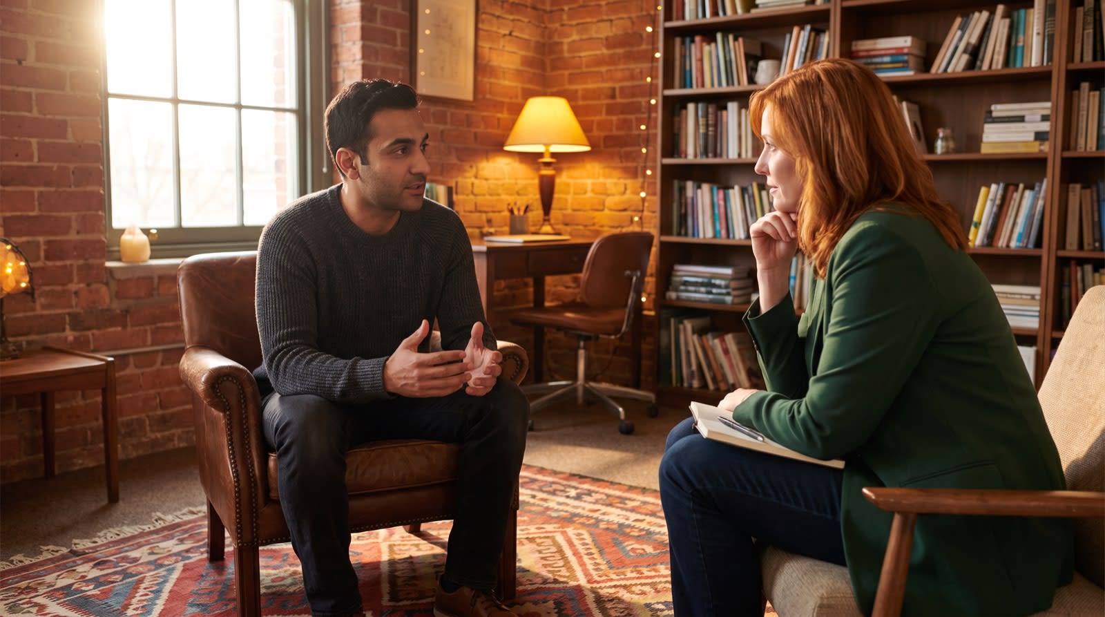 A client talking with his therapist in a warm brick-walled office as she listens attentively.