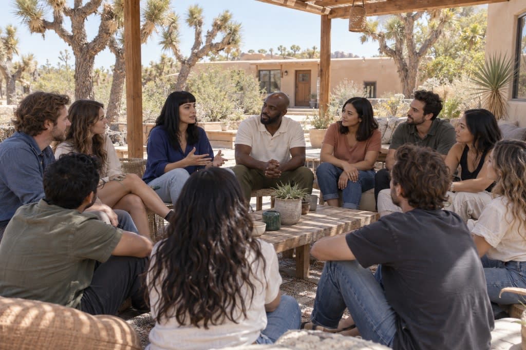 A diverse group sits in a circle under a wooden pergola at a Joshua Tree retreat, one woman speaking to the group.