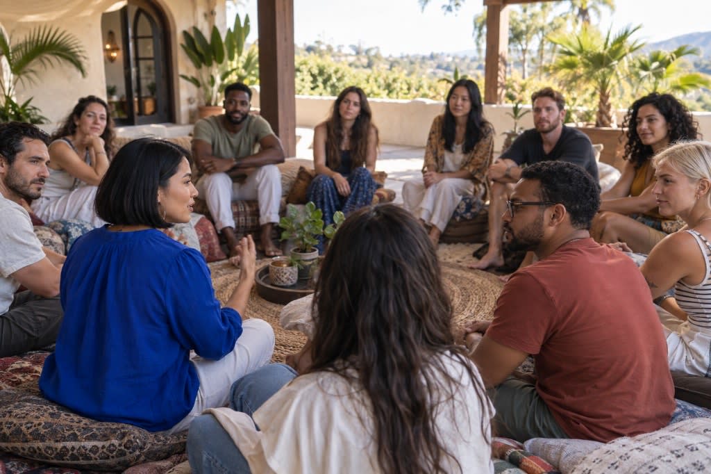 Adults sit in a circle on floor cushions on a sunny terrace while a woman in a blue blouse speaks.