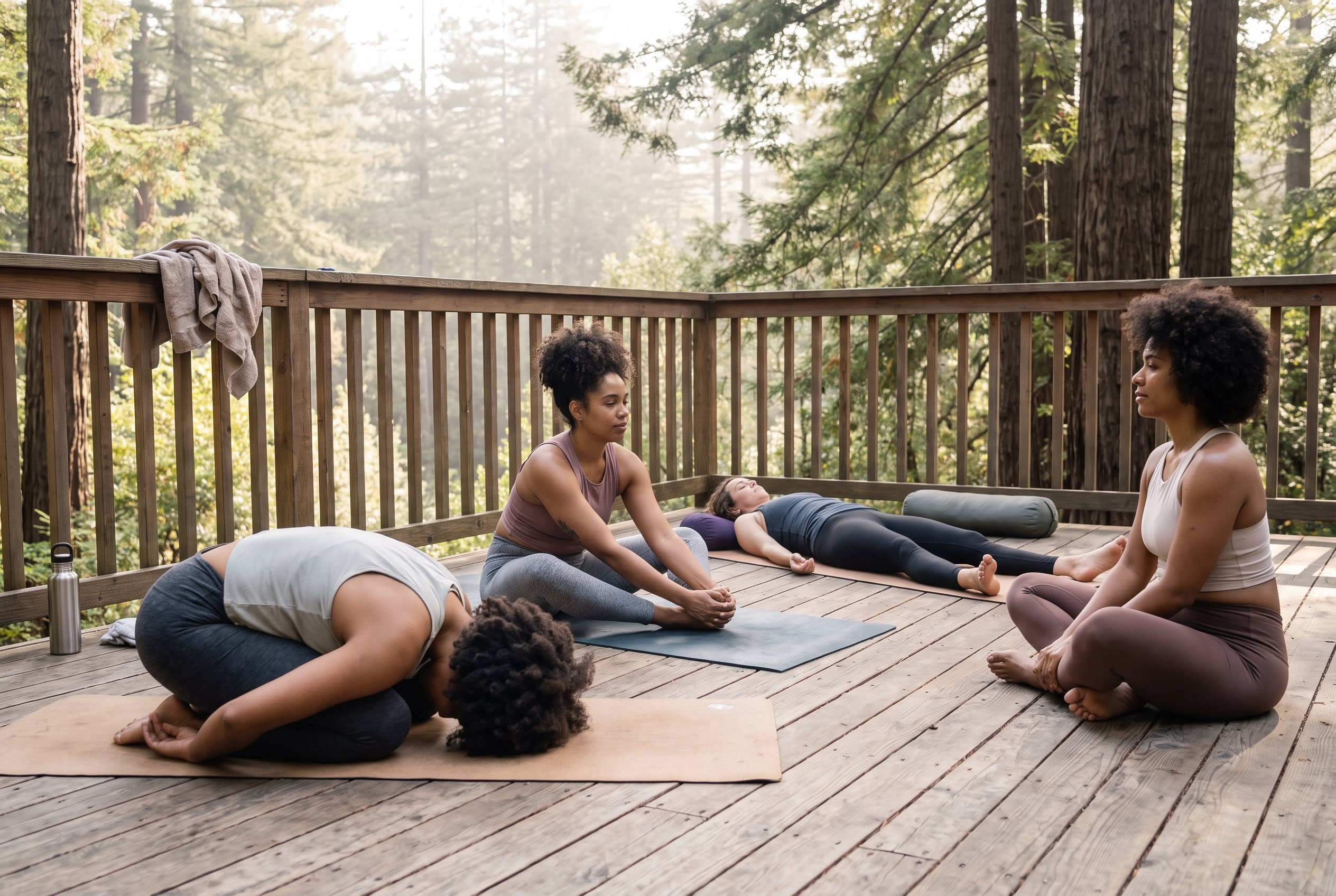 Four adults practice gentle yoga and restorative poses on a wooden deck overlooking Santa Cruz coastal forest.