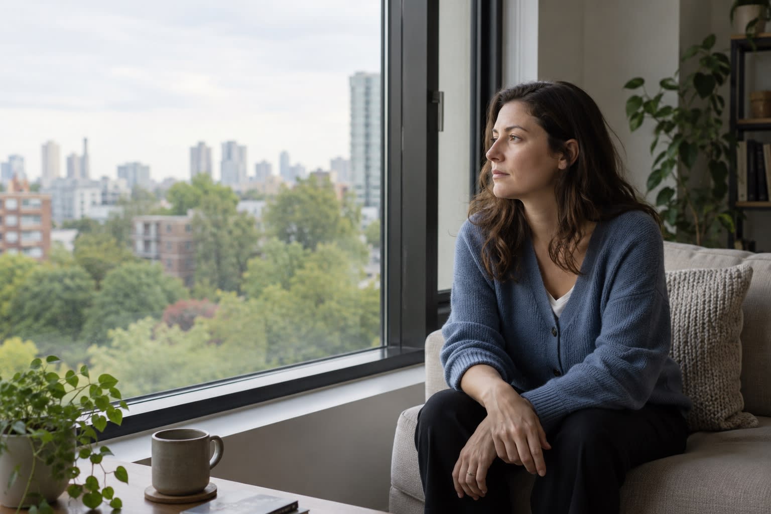 A woman sits by a large apartment window, looking out at trees and a city skyline.