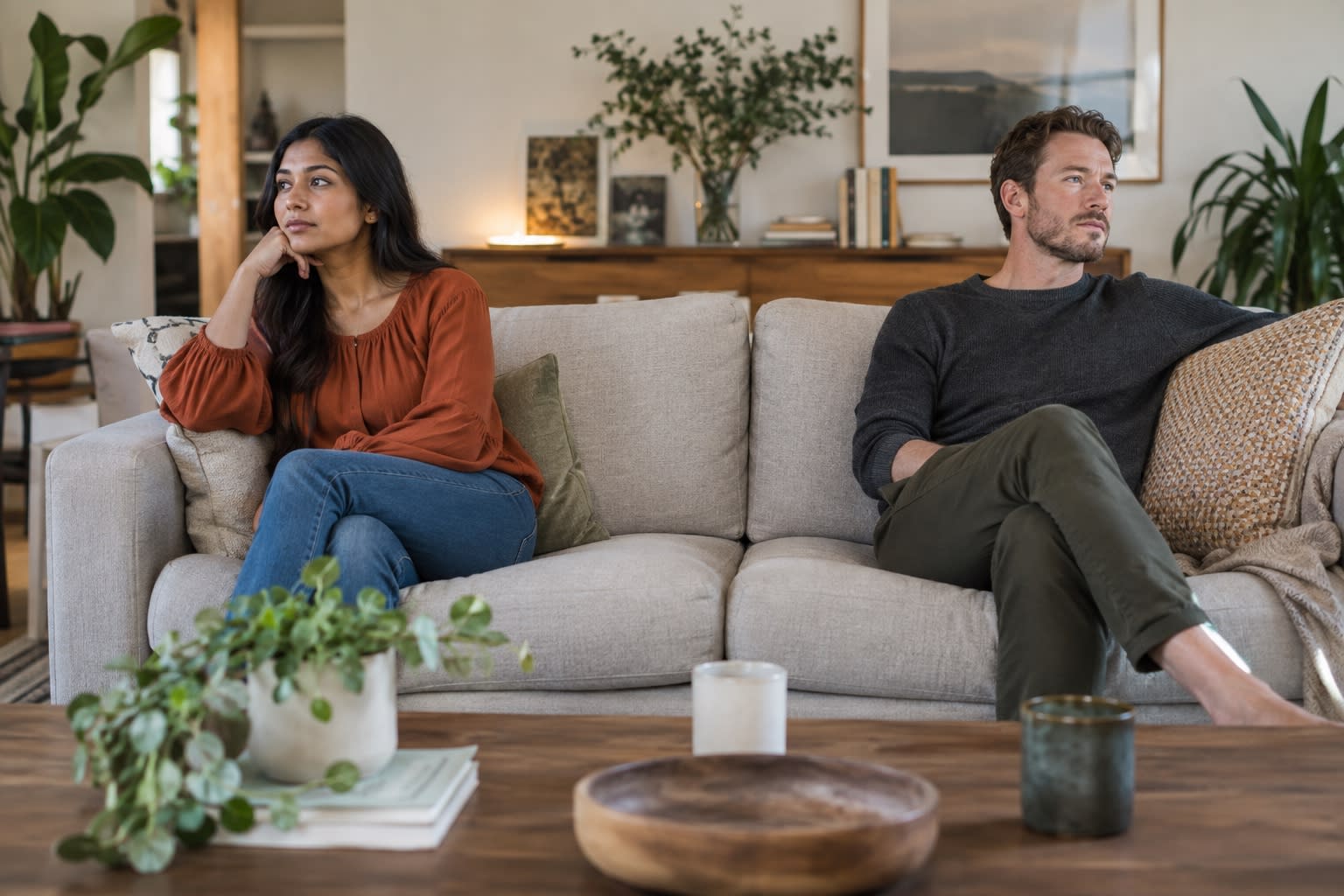 A couple sits at opposite ends of a sofa, looking away from each other in a quiet living room.