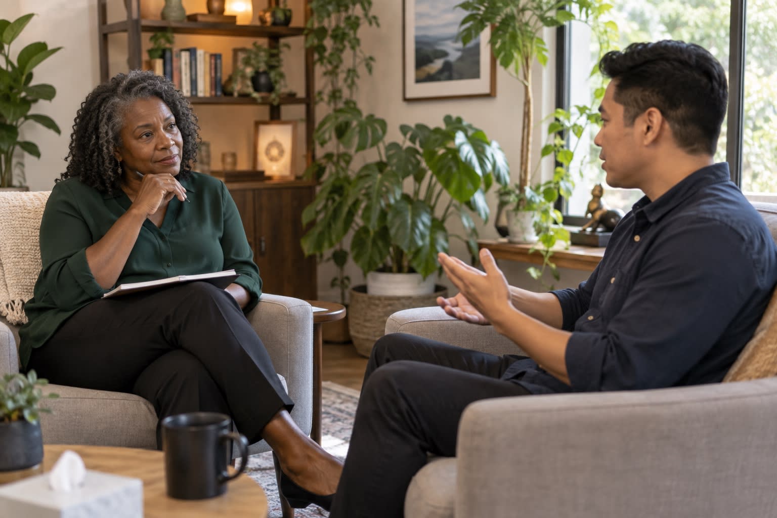 A therapist listens and takes notes while a client talks in a plant-filled office.