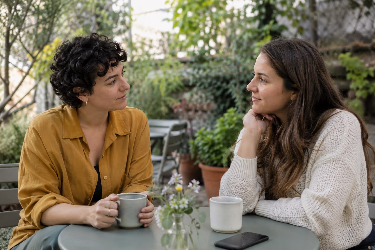 Two women talk over coffee at an outdoor garden table.
