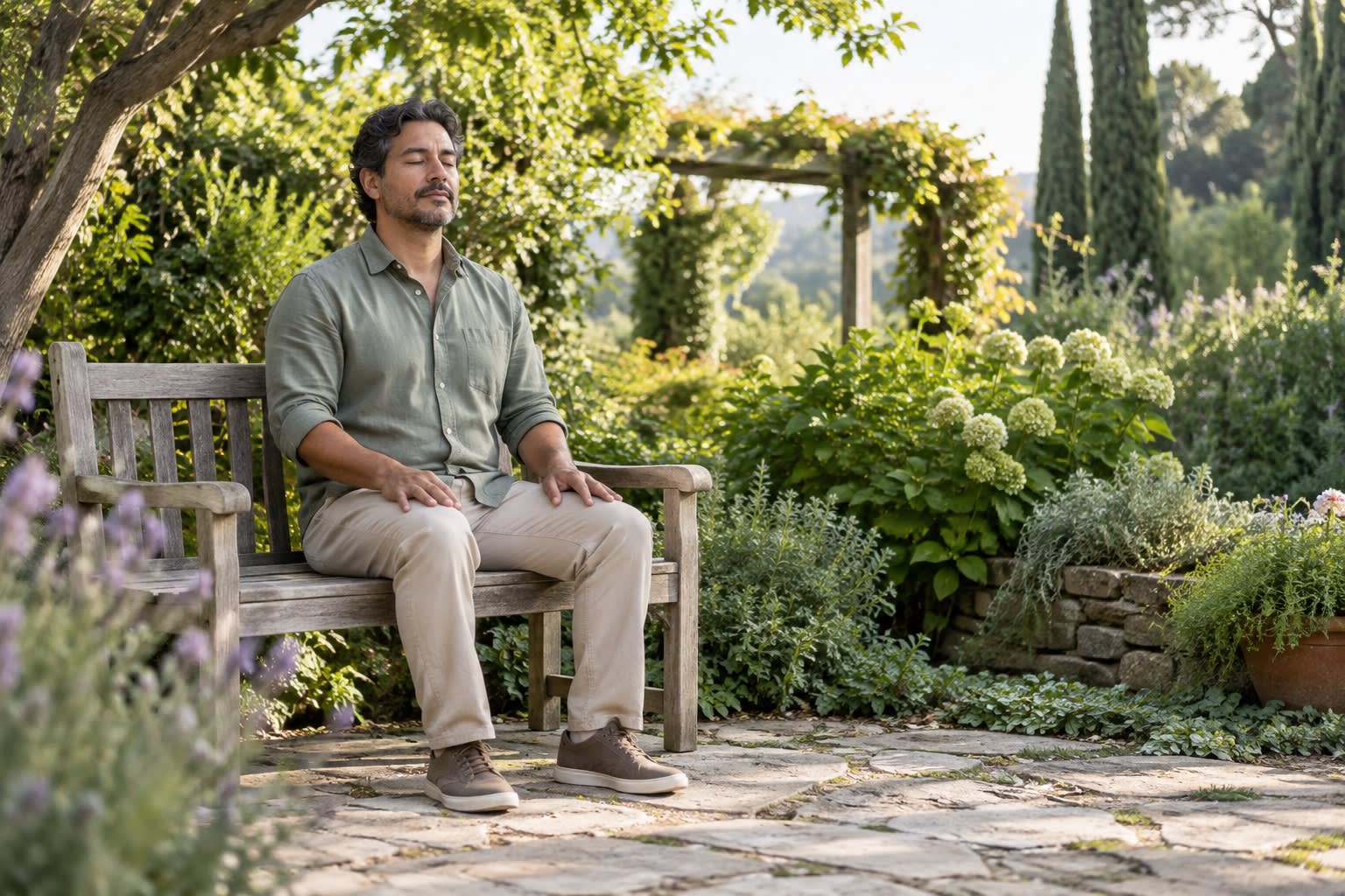 A man sits with eyes closed on a wooden garden bench, practicing a quiet mindfulness pause.