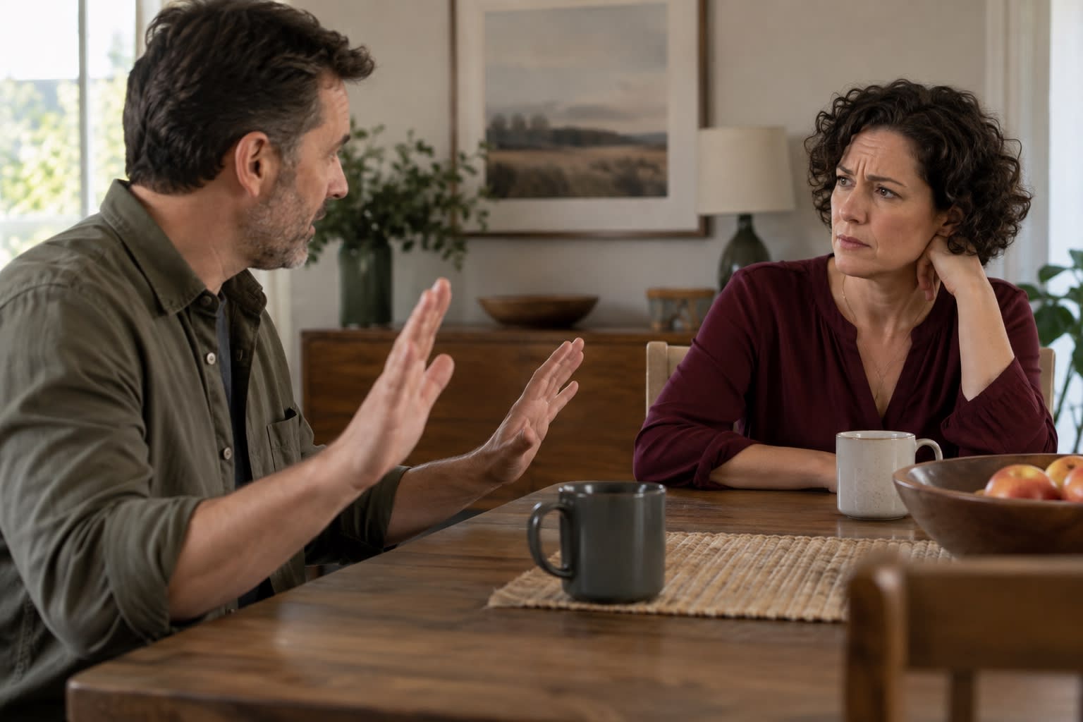 A man raises his hands while talking across a table from a woman who listens with a guarded expression.