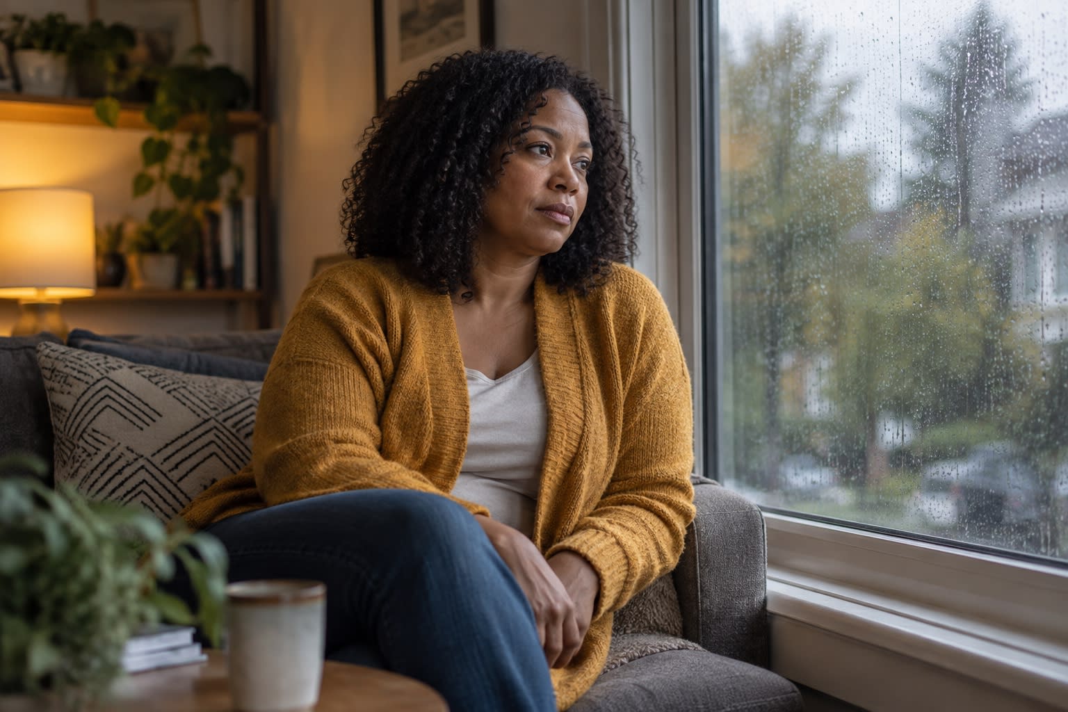 A woman sits on a sofa looking out a rain-covered window.