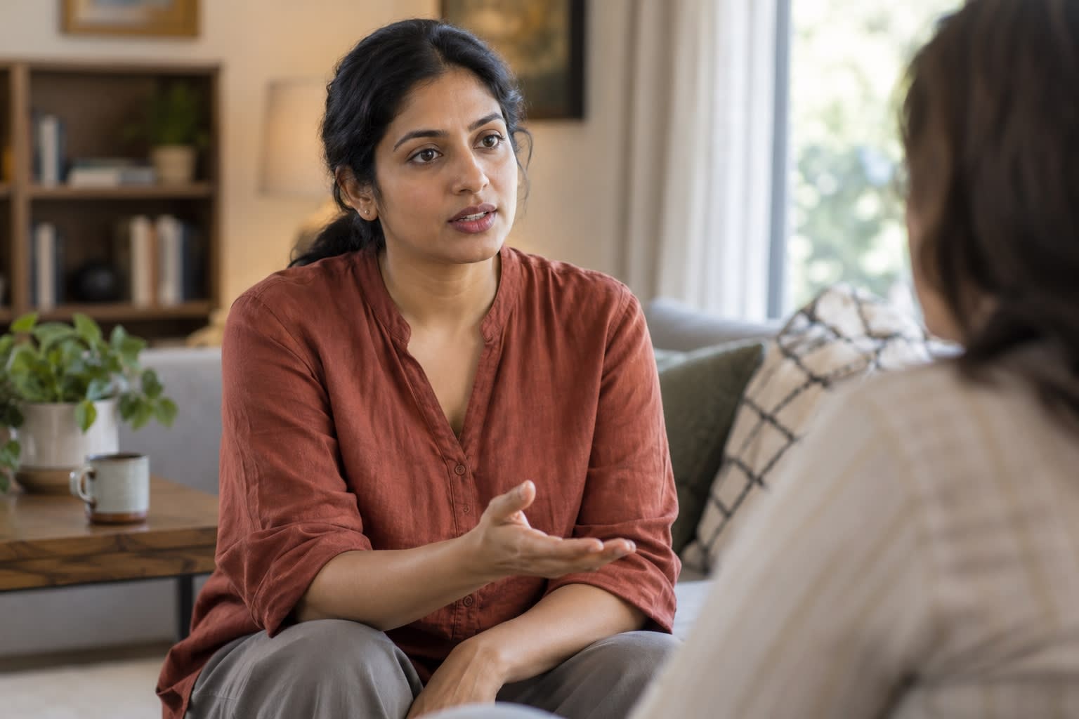 A woman talks with someone across from her in a living room.