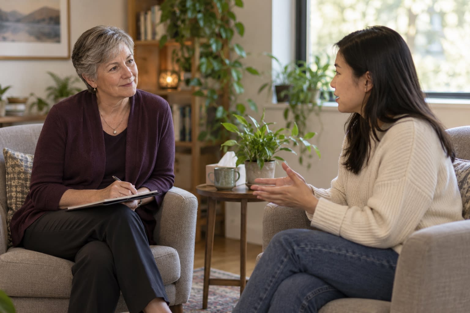 A therapist listens and takes notes while a client talks in a plant-filled office.